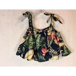 Latiste‎ Tropical Leaf Crop Top Womens Large Navy Green NWT Tie Shoulder Ruffle